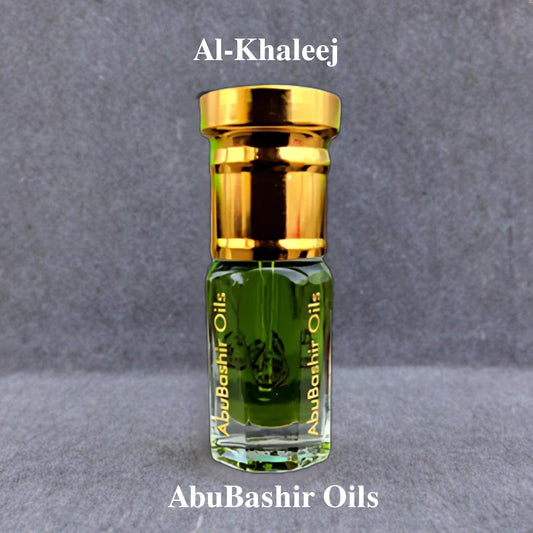 Al-Khaleej fragrance oil bottle by AbuBashir Oils with gold cap and green glass showcasing Arabian Gulf inspired scent