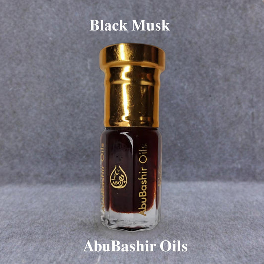 Black Musk alcohol-free perfume oil by AbuBashir Oils with musky, amber, and citrus notes in a small glass bottle
