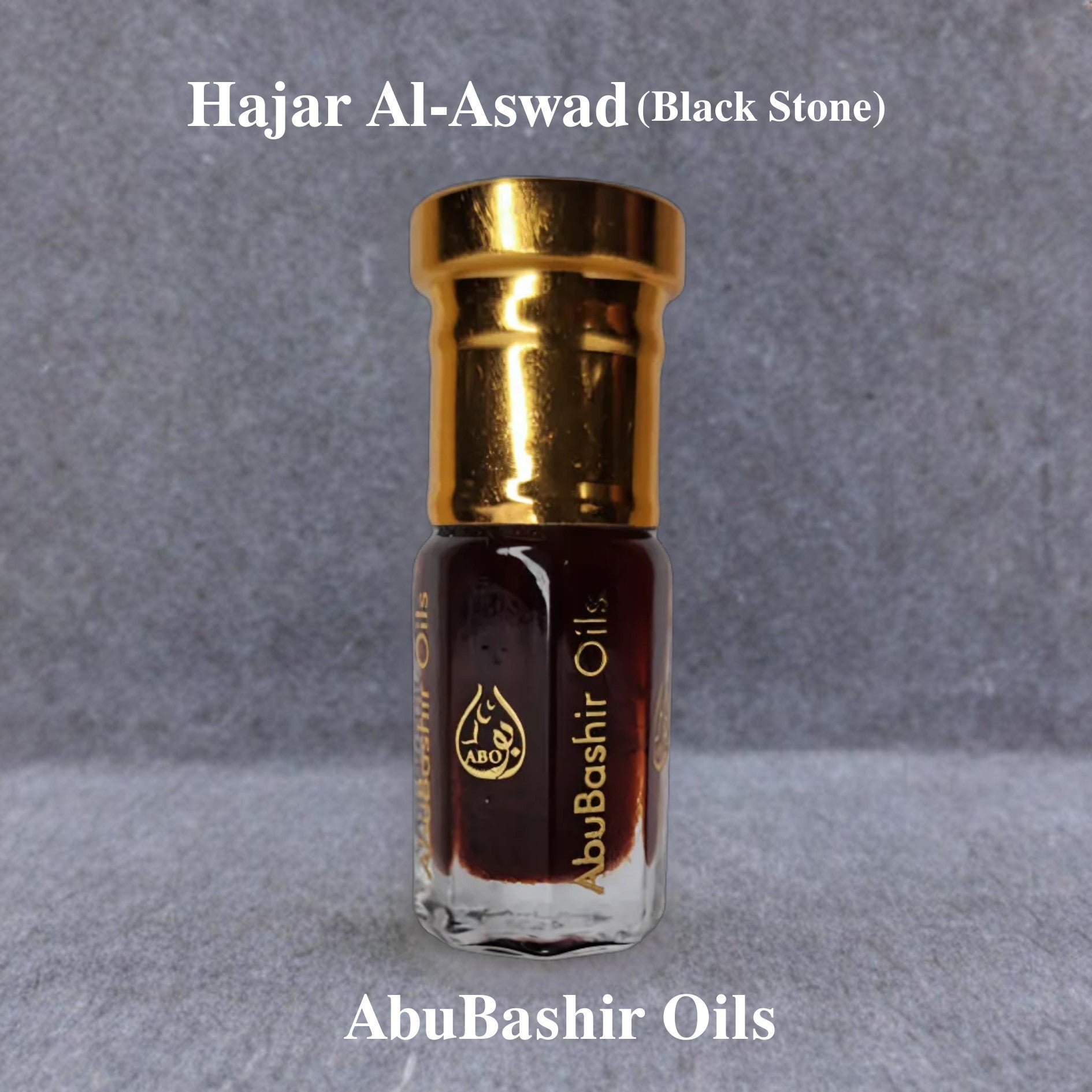 Hajar Al-Aswad (Black Stone) fragrance oil by AbuBashir Oils with amber and citrus notes in a gold-capped bottle