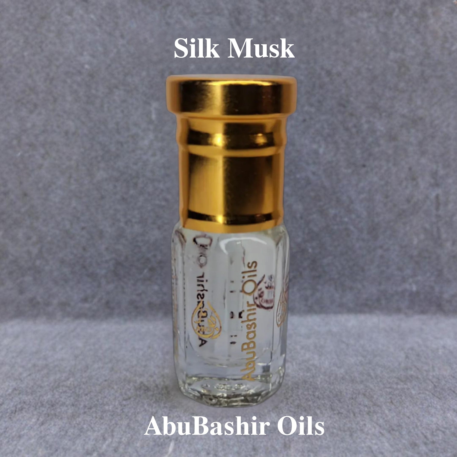 Silk Musk perfume oil by AbuBashir Oils in clear bottle with gold cap, luxurious long-lasting fragrance oil