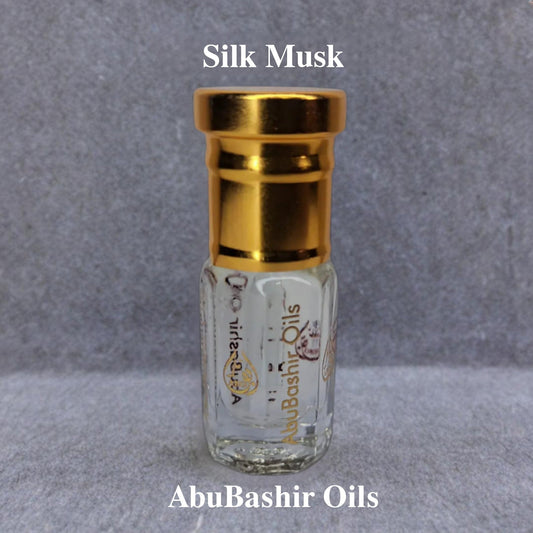 Silk Musk perfume oil by AbuBashir Oils in clear bottle with gold cap, luxurious long-lasting fragrance oil
