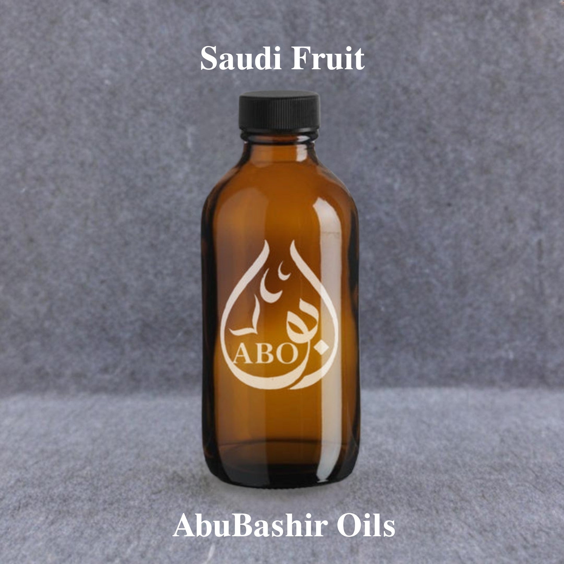 Saudi Fruit alcohol-free perfume oil by AbuBashir Oils with citrus and amber notes in amber glass bottle