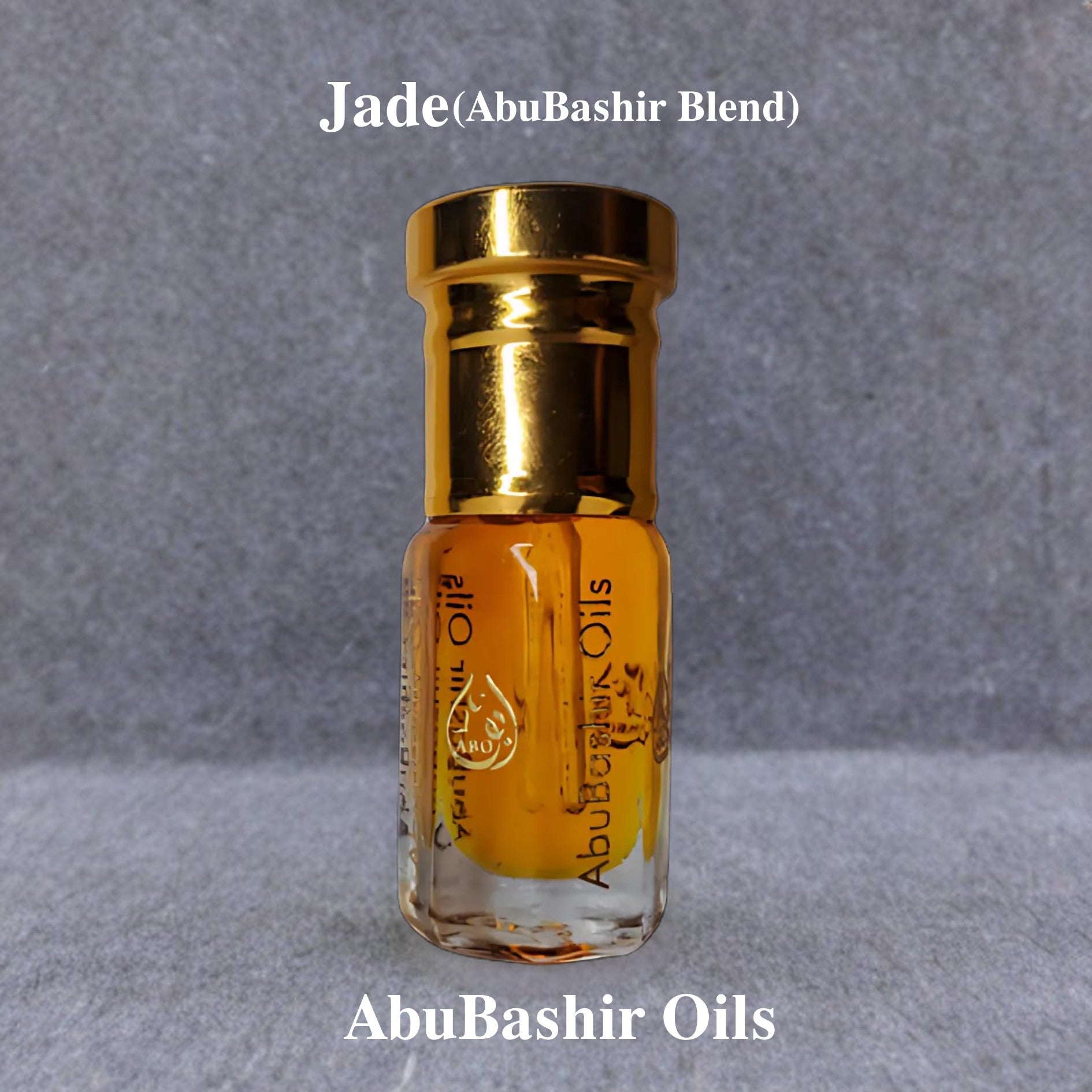 Jade(ABO MIX) fragrance oil by AbuBashir Oils with amber base and citrus top notes in a small glass bottle with gold cap