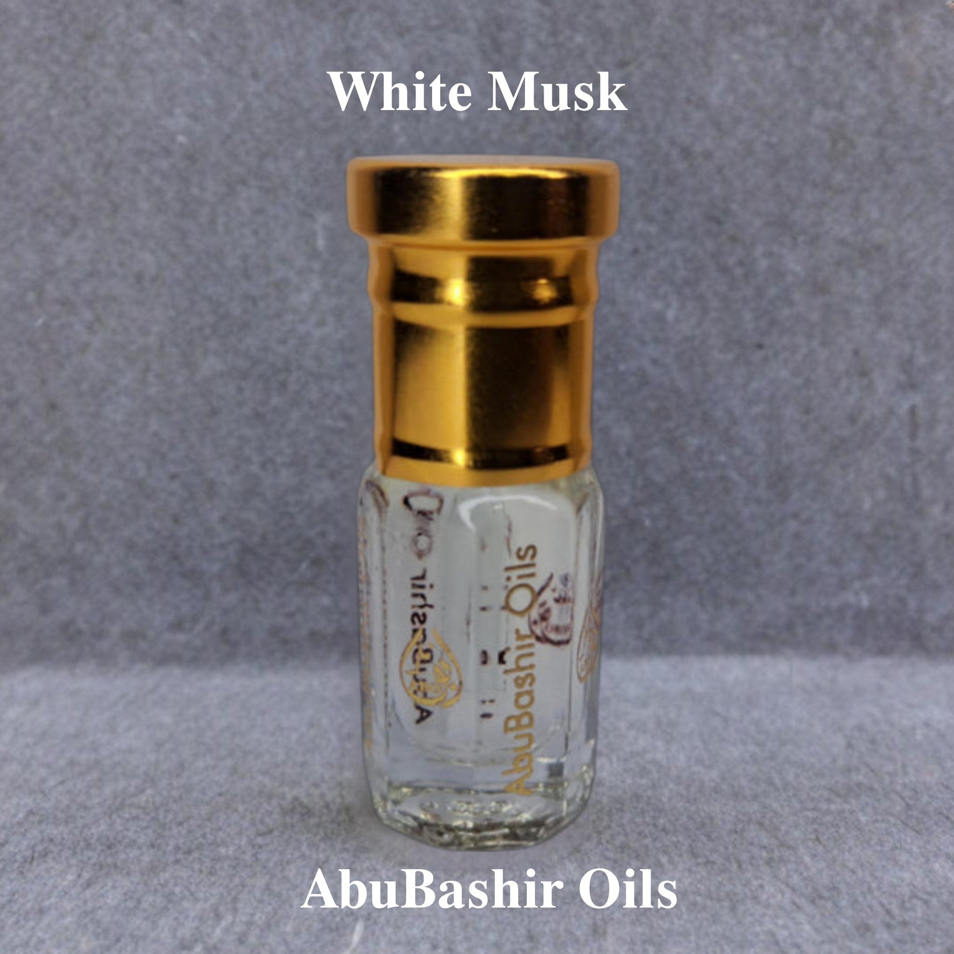 White Musk fragrance oil by AbuBashir Oils with gold cap and clear glass bottle