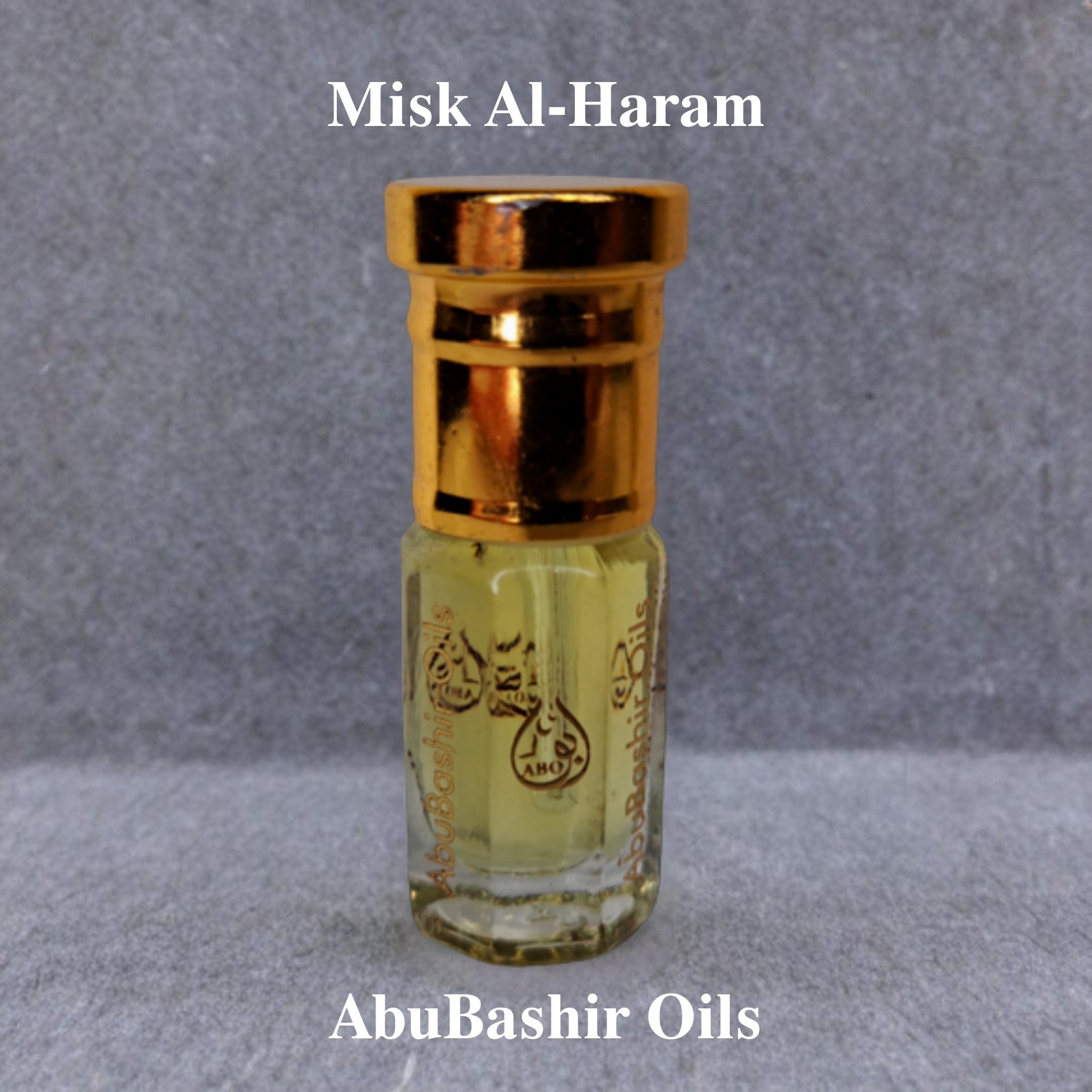 Misk Al-Haram perfume oil by AbuBashir Oils in elegant bottle with golden cap, alcohol-free Arabian musk fragrance